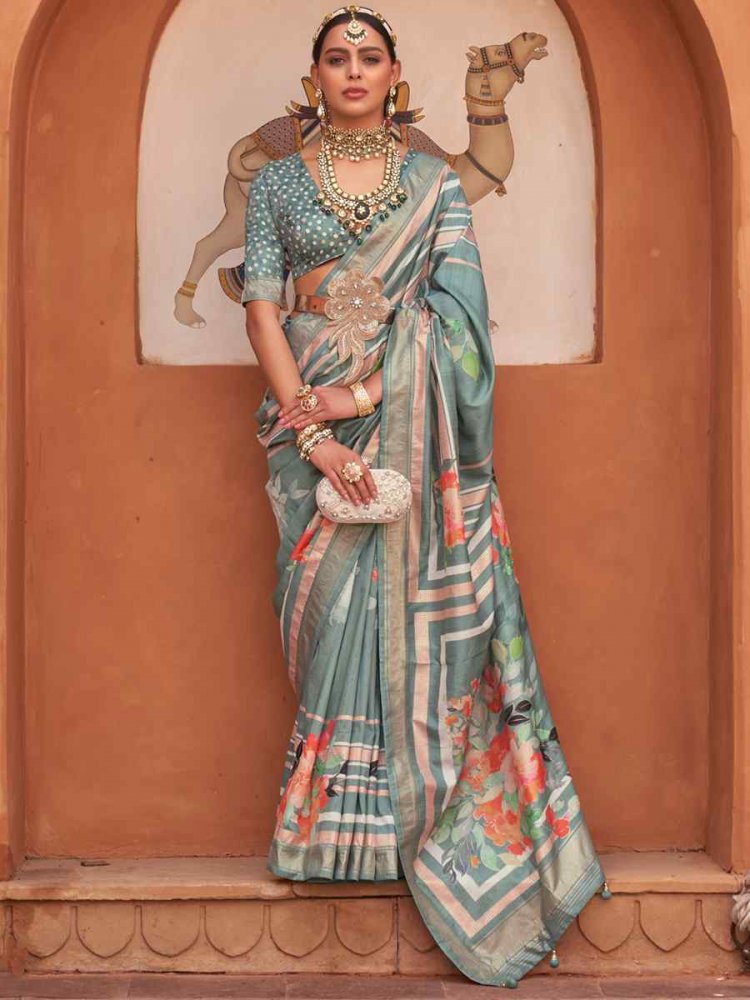 Mantle Green Silk Printed Casual Festival Classic Style Saree
