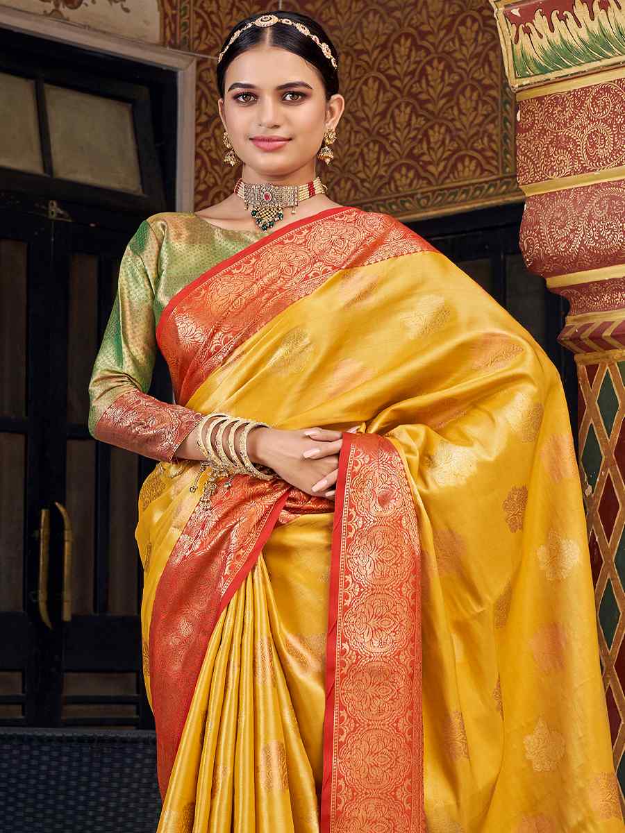 Marigold Yellow Banarasi Silk Handwoven Wedding Festival Heavy Border Saree