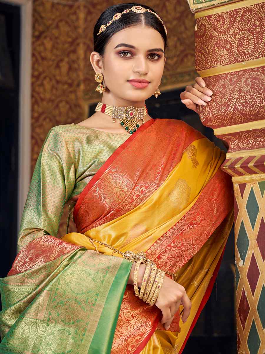 Marigold Yellow Banarasi Silk Handwoven Wedding Festival Heavy Border Saree