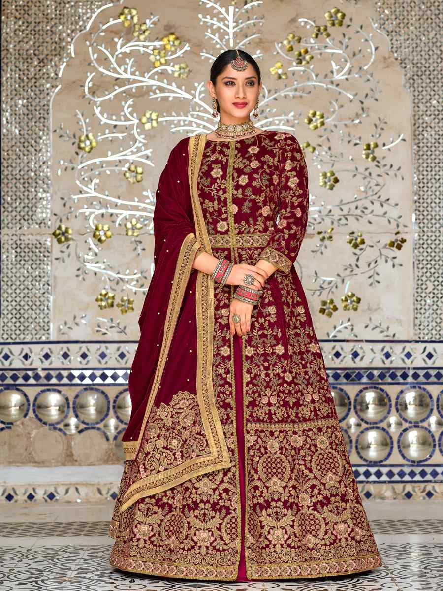 Maroon 9000 Velvet Embroidered Engagement Wedding Anarkali Salwar Kameez