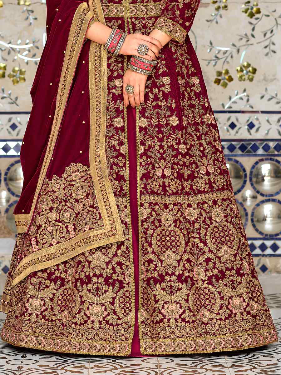 Maroon 9000 Velvet Embroidered Engagement Wedding Anarkali Salwar Kameez