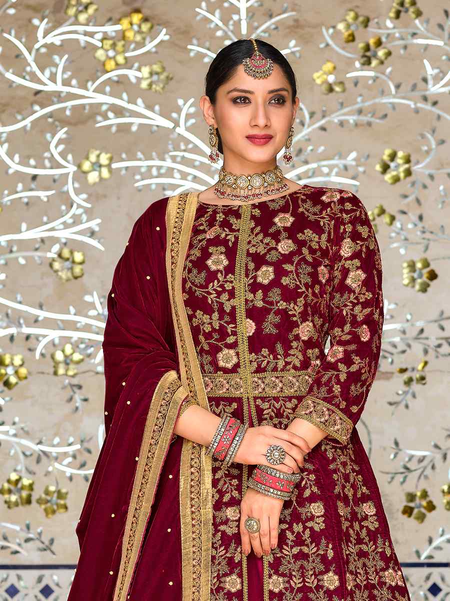 Maroon 9000 Velvet Embroidered Engagement Wedding Anarkali Salwar Kameez