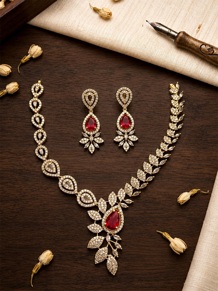 Maroon AD Stone Diamond Gemstone Festival Party Wedding Floral Leaf Design Necklace Set With Earrings