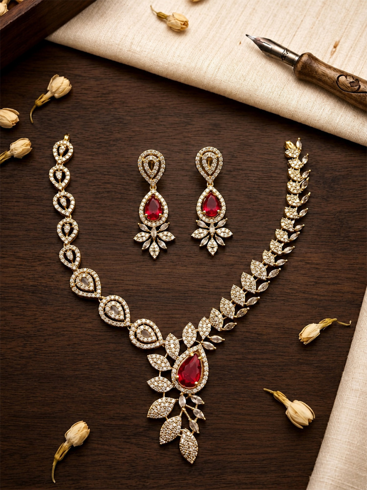 Image of Maroon A.D. Stone Diamond Gemstone Festival Party Wedding Floral &amp; Leaf Design Necklace Set With Earrings