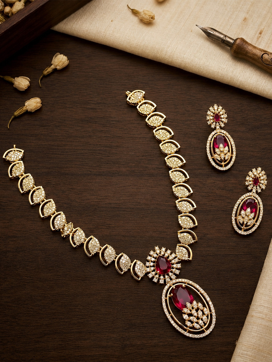 Maroon AD Stone Diamond Stone Gemstone Wedding Party Festival Wear Necklace Set With Earrings