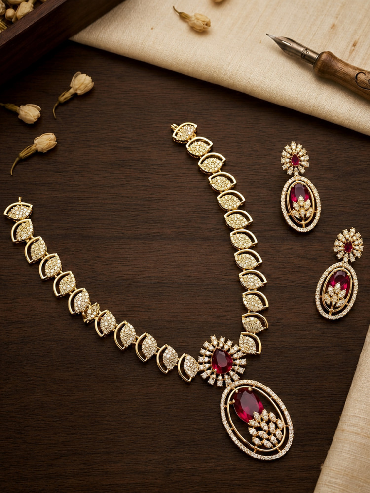 Image of Maroon A.D. Stone Diamond Stone Gemstone Wedding Party Festival Wear Necklace Set With Earrings