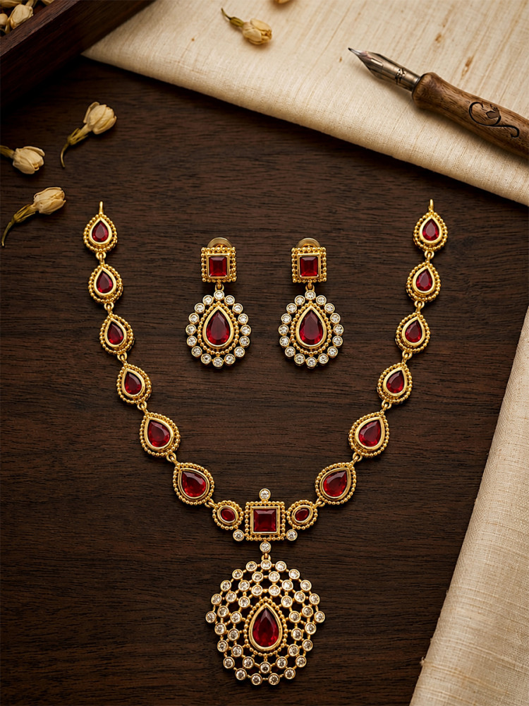 Image of Maroon A.D. Stone Gemstone Stone Festival Party Wedding Necklace Set With Earrings