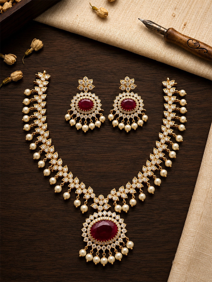 Maroon AD Stone Kundan Stone Pearls Wedding Party Festival Wear Necklace Set With Earrings