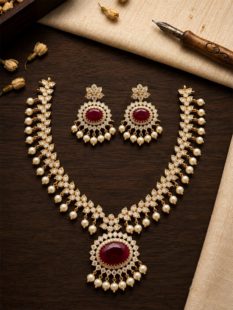 Image of Maroon A.D. Stone Kundan Stone Pearls Wedding Party Festival Wear Necklace Set With Earrings