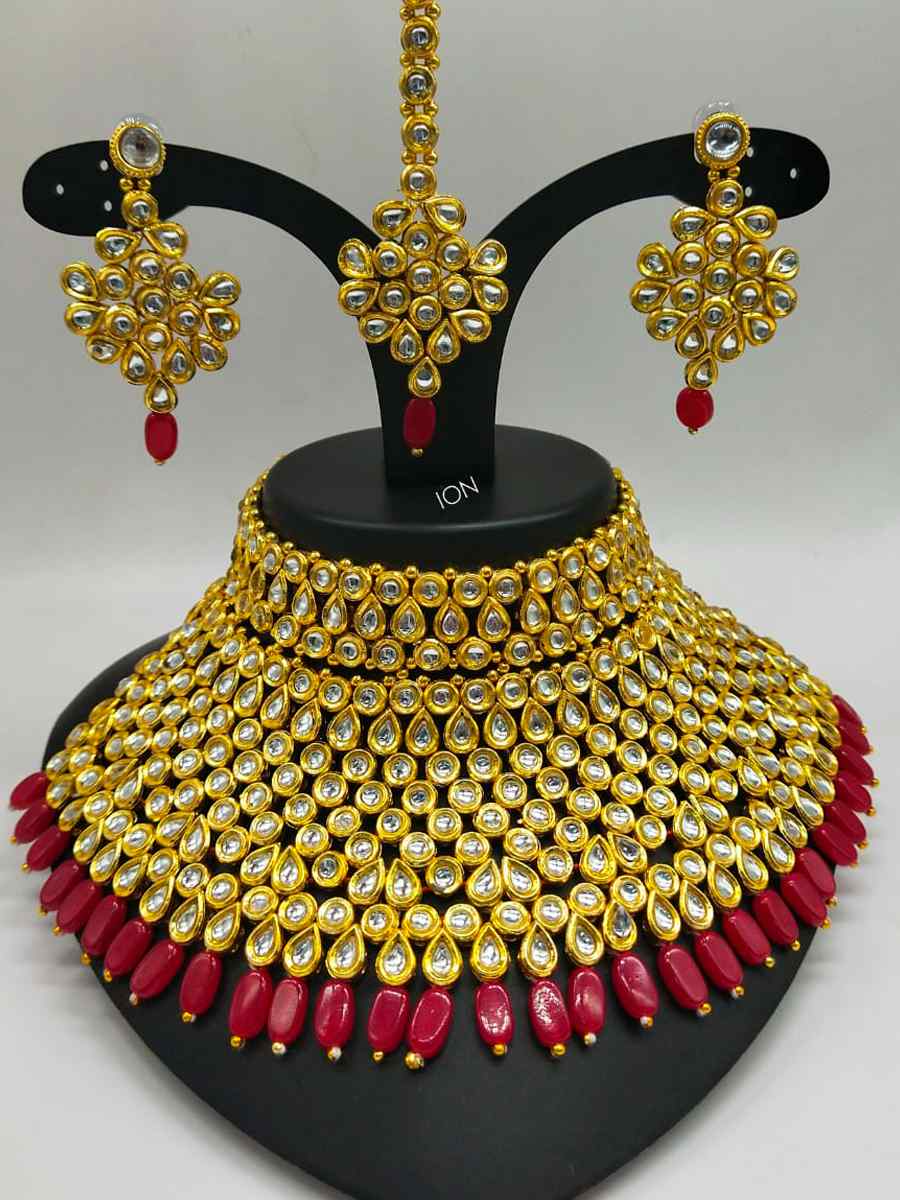 Maroon Alloy Bridal Wear Kundan Necklace