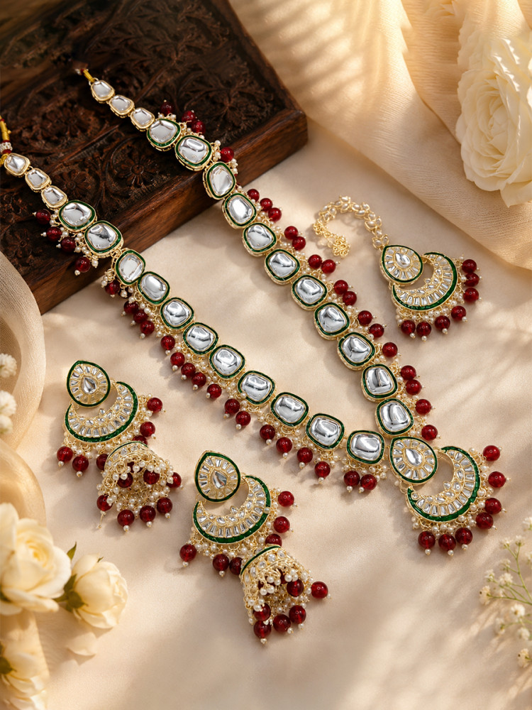 Image of Maroon Alloy Festival Party Wedding Meenakari detailing pearl drops With Kundan Necklace