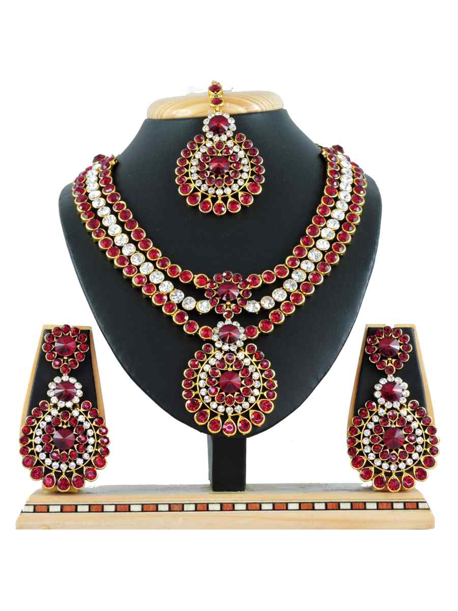 Maroon Alloy Festival Wear Diamonds Necklace