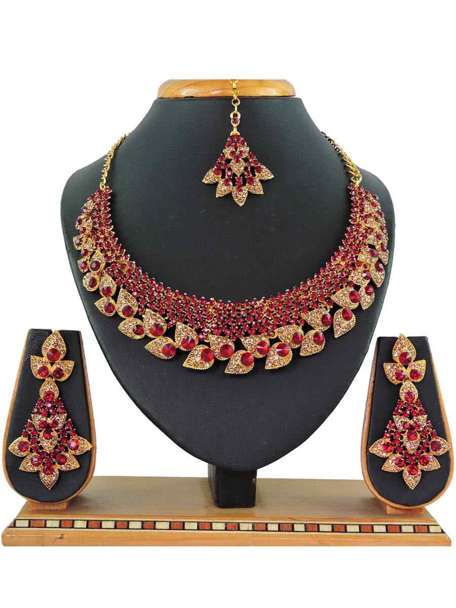 Maroon Alloy Festival Wear Diamonds Necklace