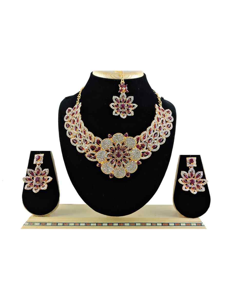 Maroon Alloy Festival Wear Diamonds Necklace