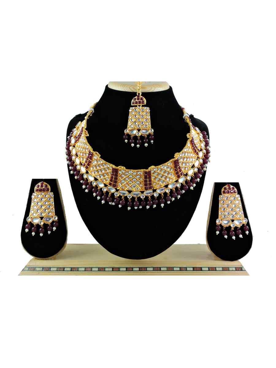 Maroon Alloy Festival Wear Diamonds Necklace