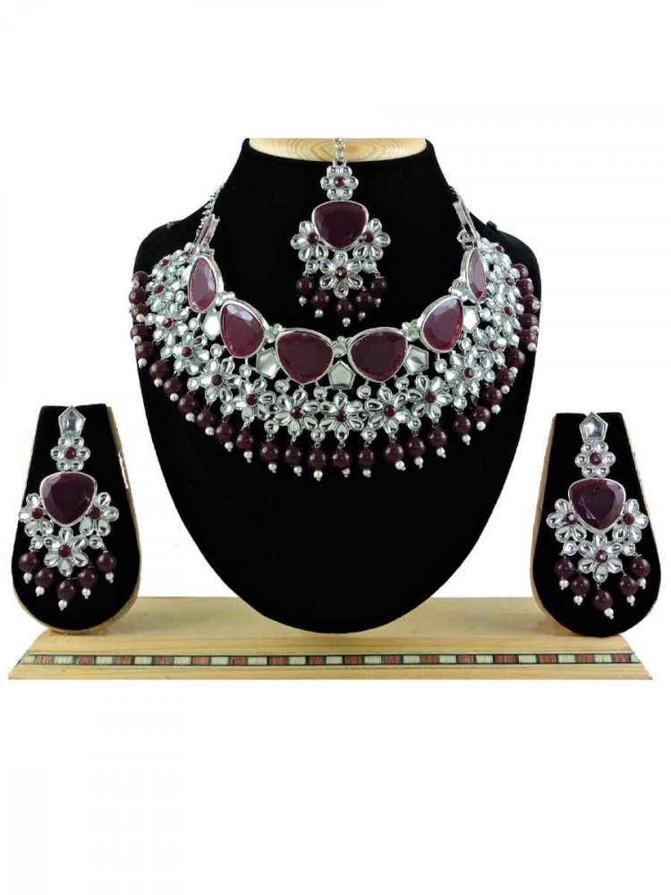 Maroon Alloy Festival Wear Diamonds Necklace