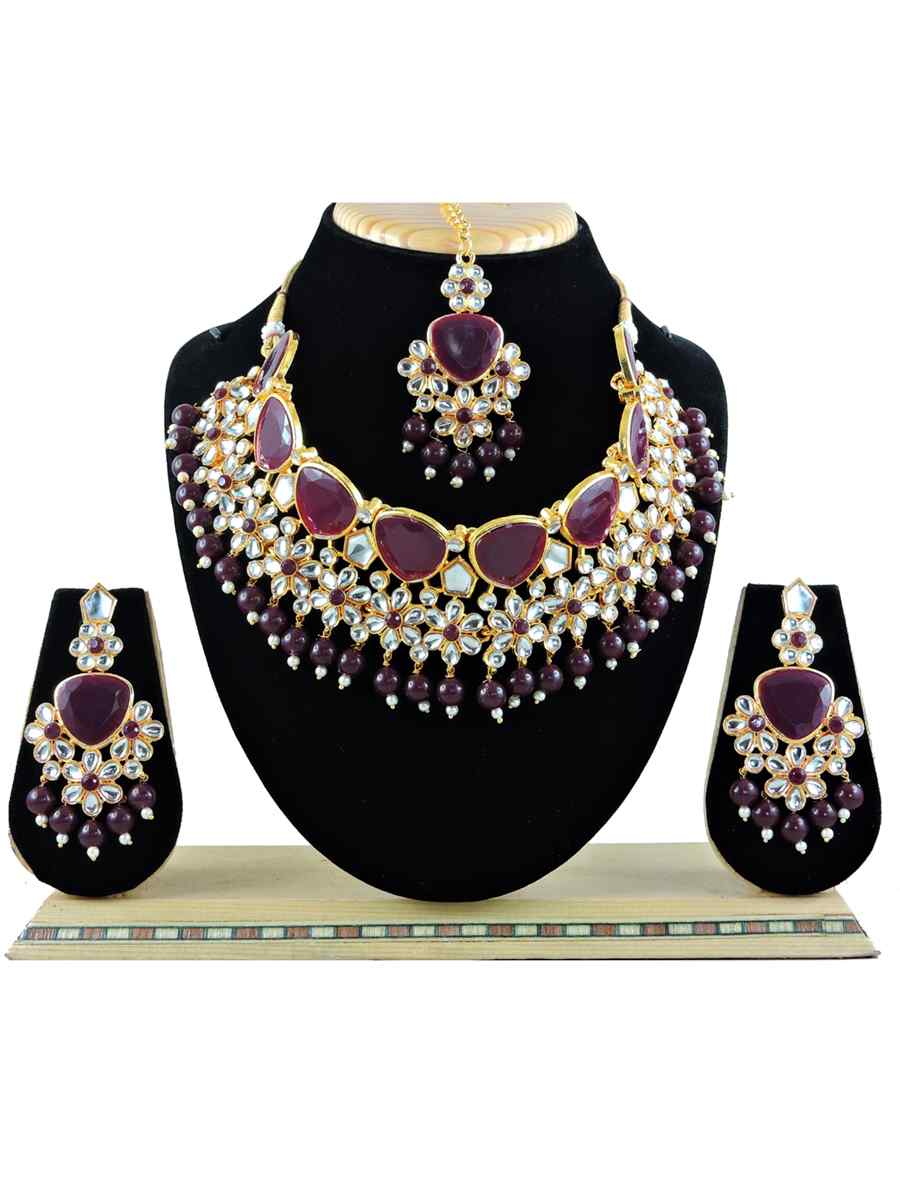 Maroon Alloy Festival Wear Diamonds Necklace