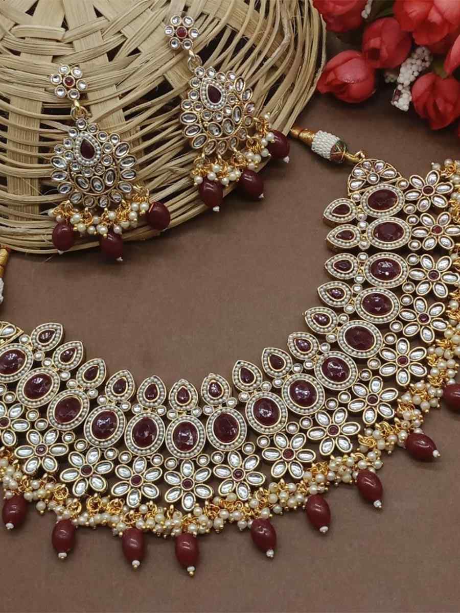 Maroon Alloy Festival Wear Kundan Necklace