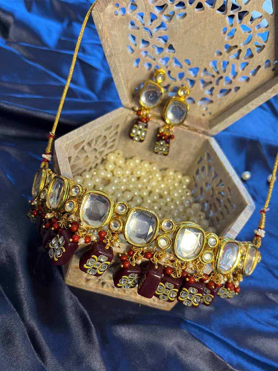 Maroon Alloy Festival Wear Kundan Necklace