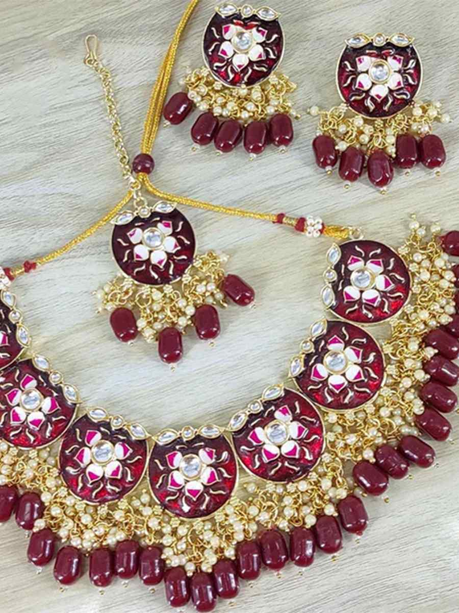 Maroon Alloy Festival Wear Kundan Necklace