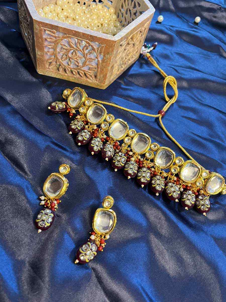 Maroon Alloy Festival Wear Kundan Necklace