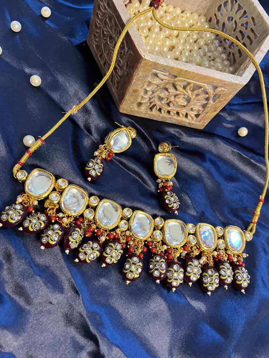 Maroon Alloy Festival Wear Kundan Necklace