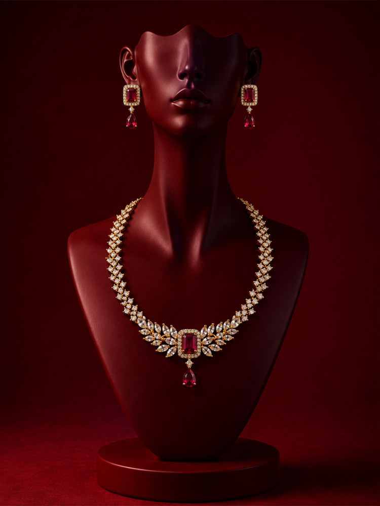 Image of Maroon Alloy Gemstone Diamond Wedding Party Festival Wear Necklace Set With Earrings