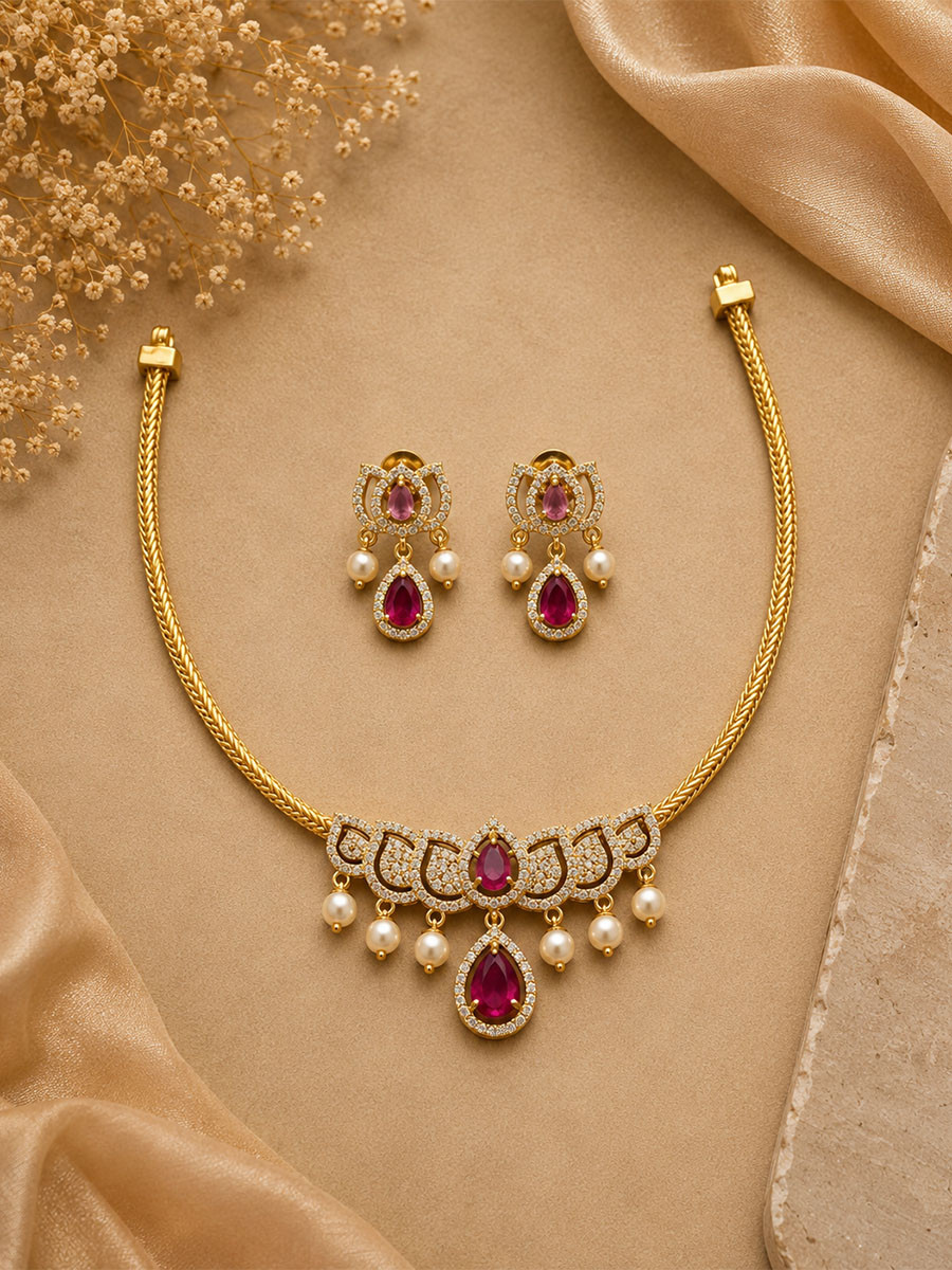 Maroon Alloy Gemstone Pearls Diamond Wedding Party Festival Wear Necklace Set With Earrings