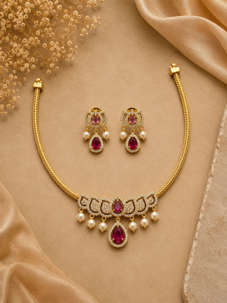 Image of Maroon Alloy Gemstone Pearls Diamond Wedding Party Festival Wear Necklace Set With Earrings