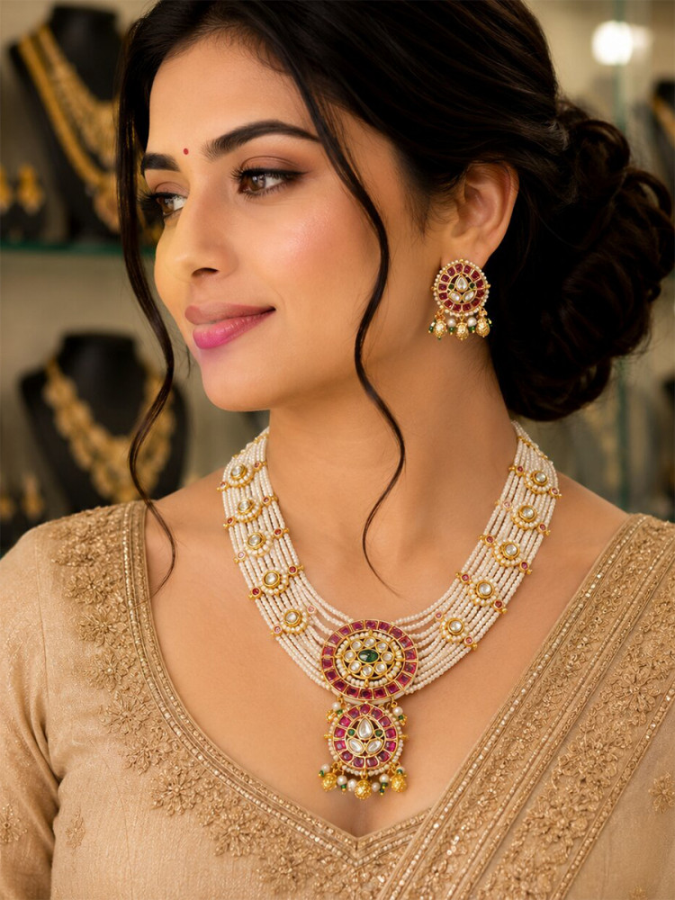 Image of Maroon Alloy Jadau Pearls Festival Party Wedding Necklace
