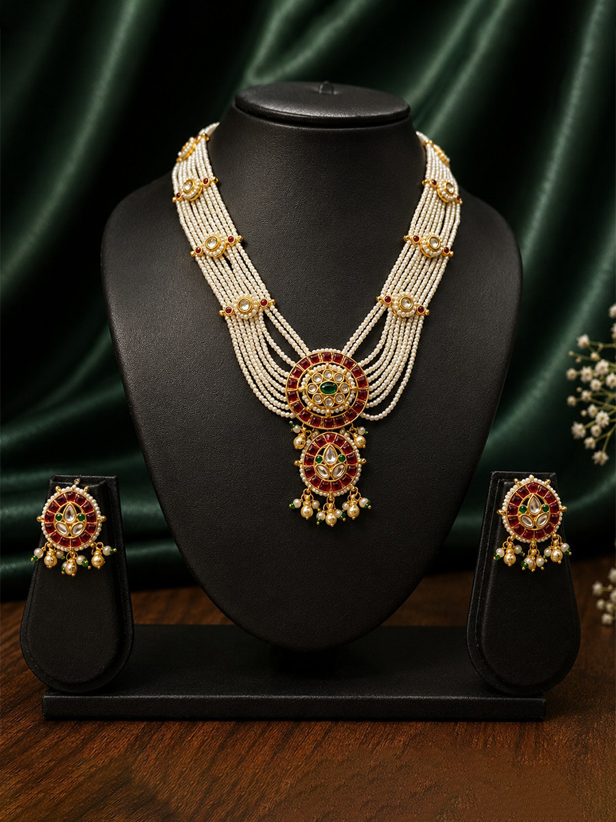 Maroon Alloy Jadau Pearls Festival Party Wedding Necklace