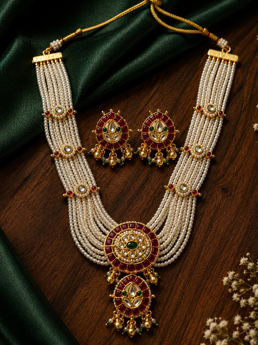 Maroon Alloy Jadau Pearls Festival Party Wedding Necklace