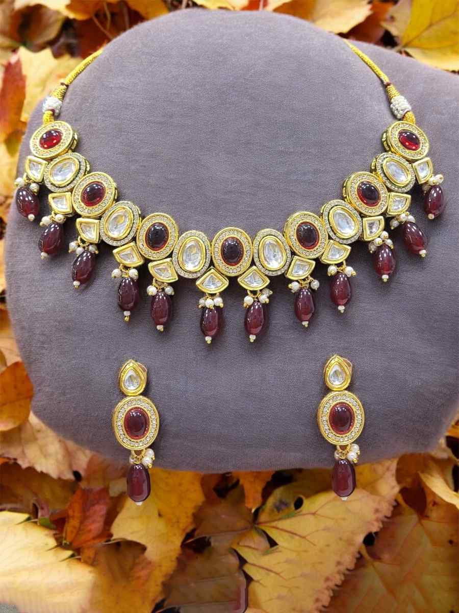 Maroon Alloy Metal Festival Wear Kundan Necklace