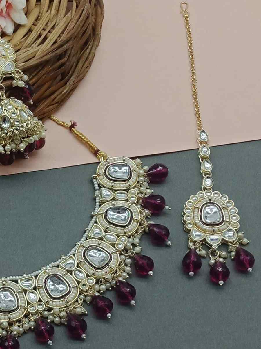 Maroon Alloy Metal Festival Wear Kundan Necklace