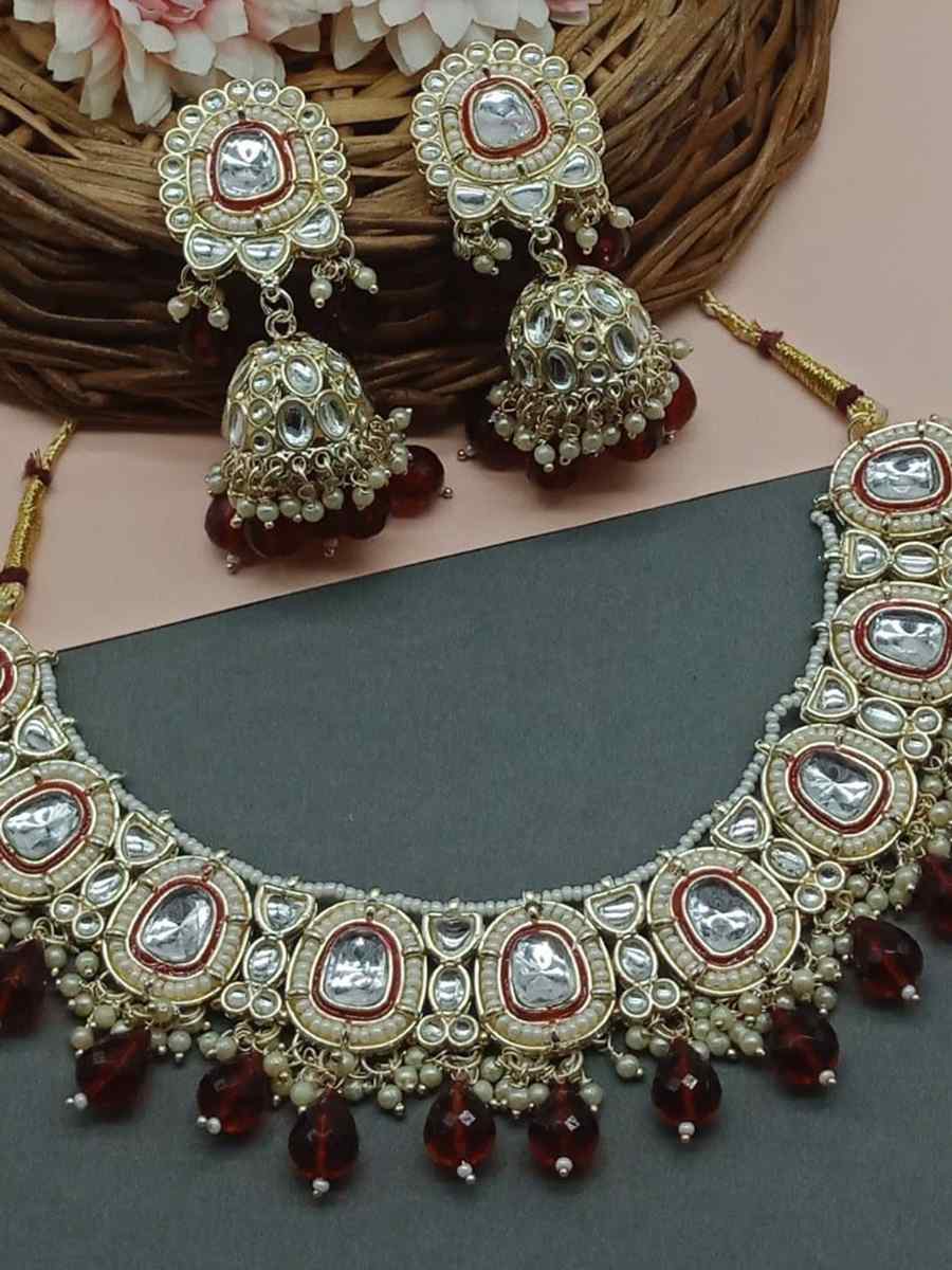 Maroon Alloy Metal Festival Wear Kundan Necklace