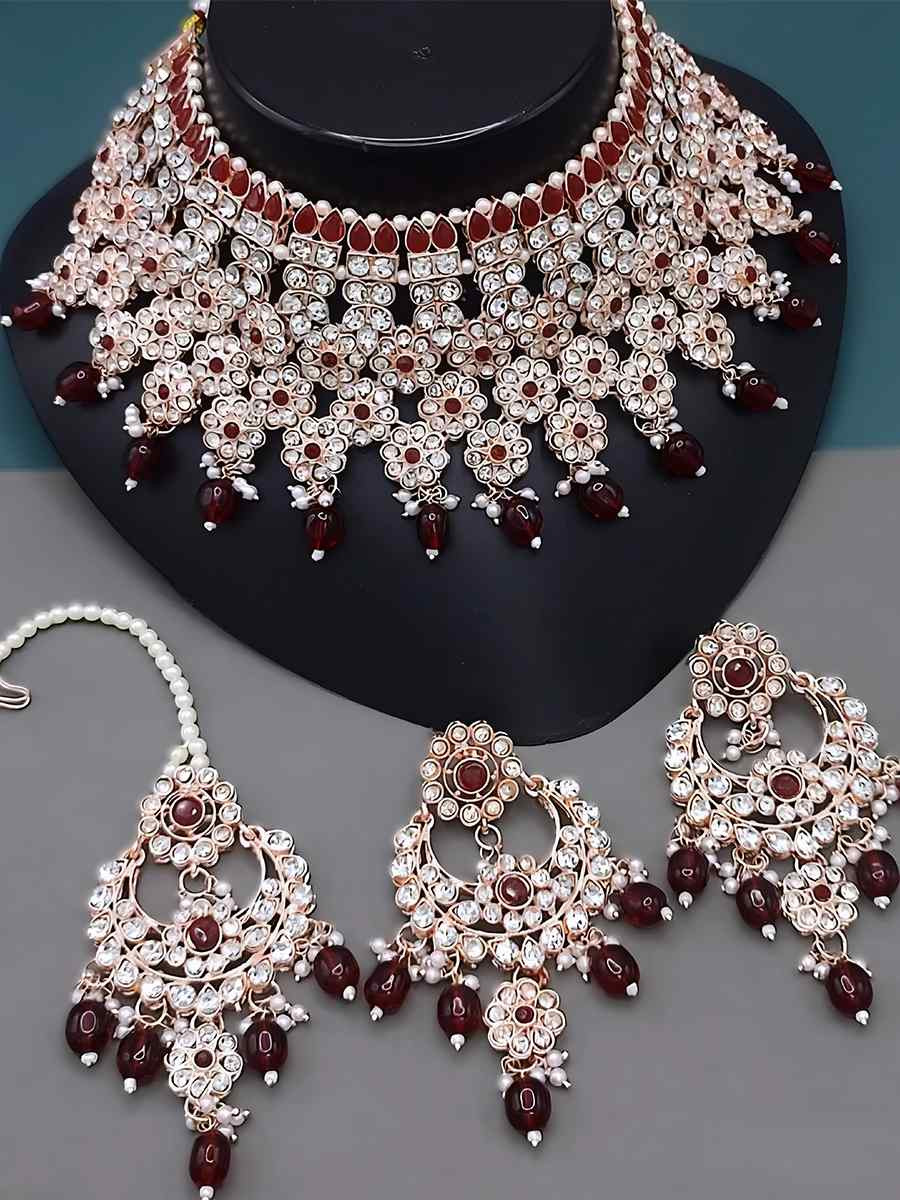 Maroon Alloy Metal Festival Wear Kundan Necklace