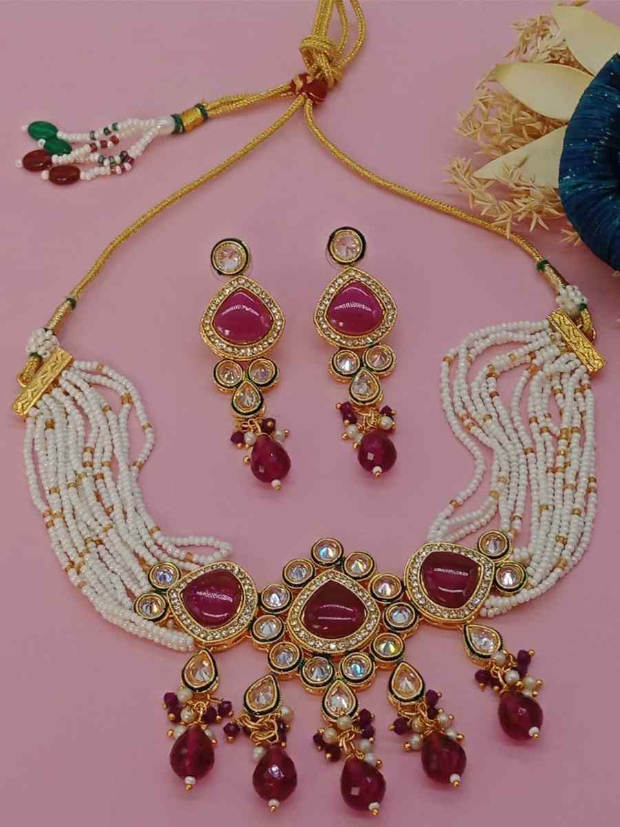 Maroon Alloy Metal Festival Wear Kundan Necklace