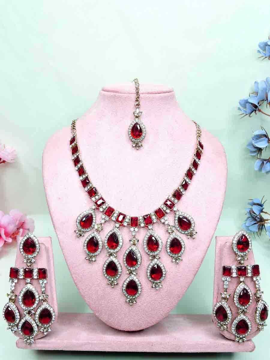 Maroon Alloy Metal Festival Wear Kundan Necklace