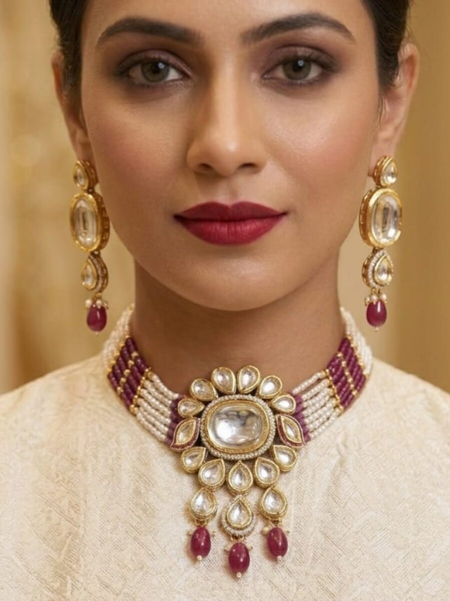 Maroon Alloy Metal Gemstone Festival Party Wedding Necklace