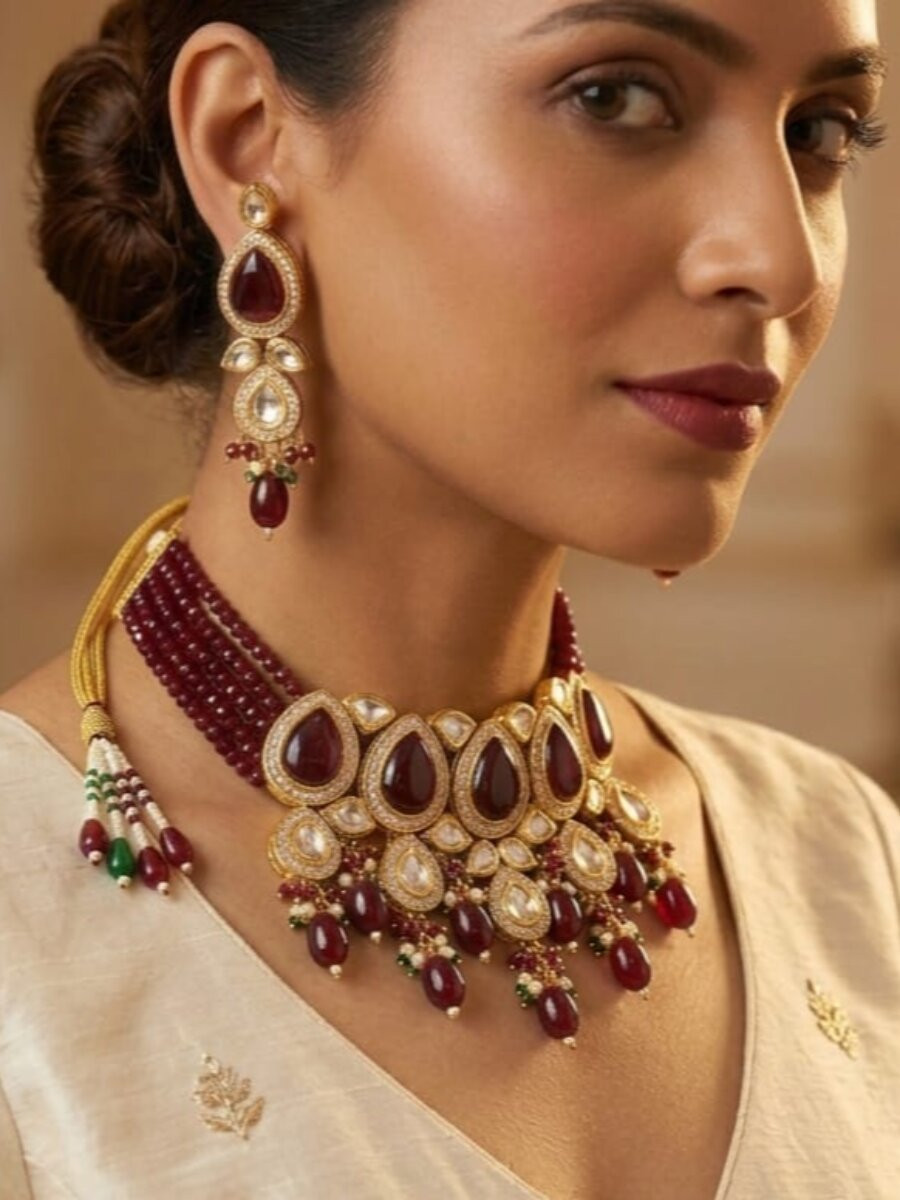 Maroon Alloy Metal Gemstone Festival Party Wedding Necklace