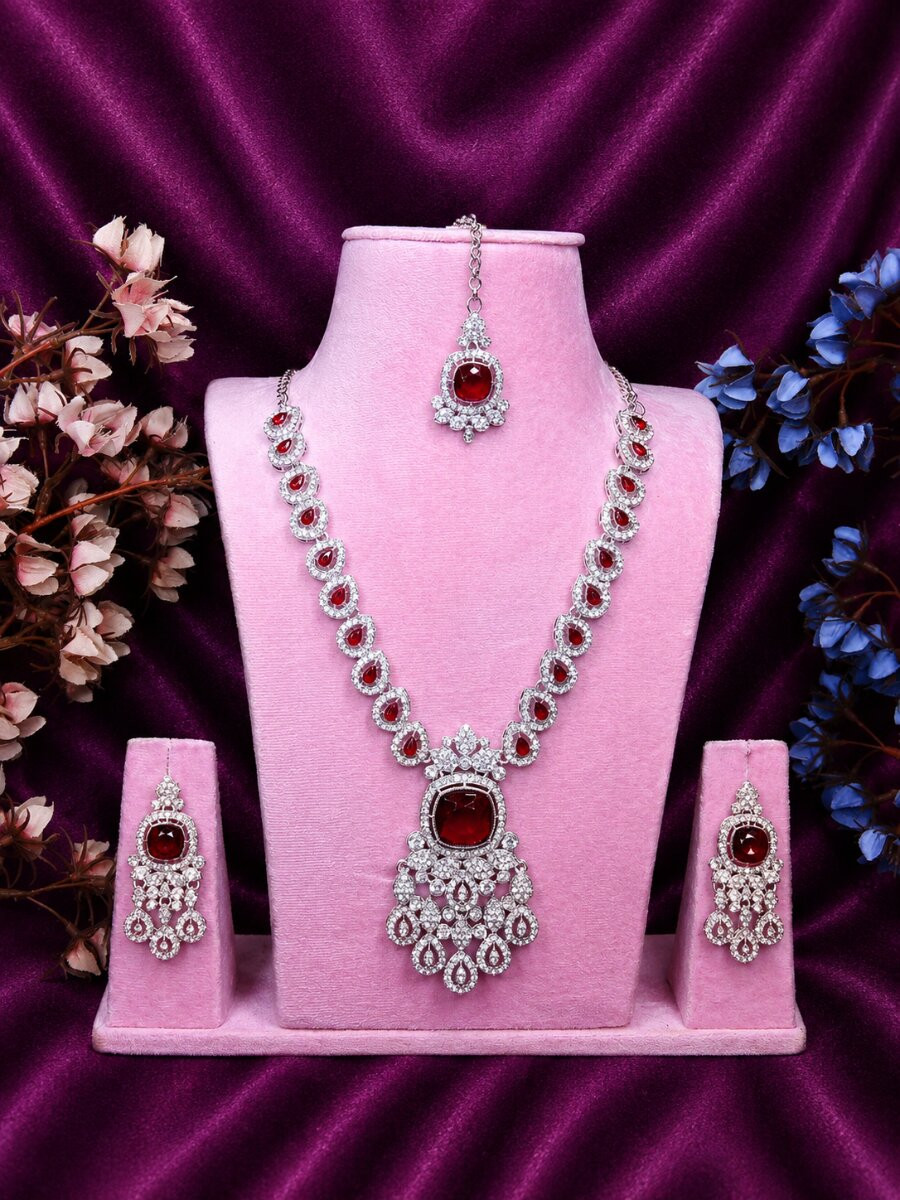 Maroon Alloy Metal Gemstone Festival Party Wedding Necklace