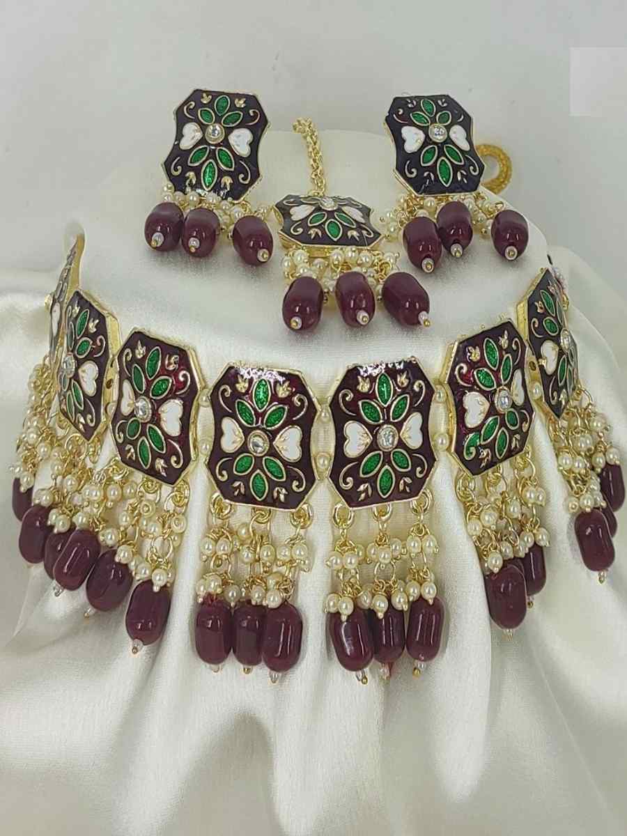 Maroon Alloy Traditional Wear Meenakari Necklace