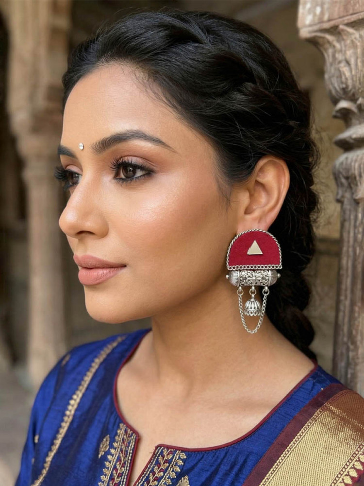 Image of Maroon Alloy Wedding Party Festival Wear Kundan Stone Earrings