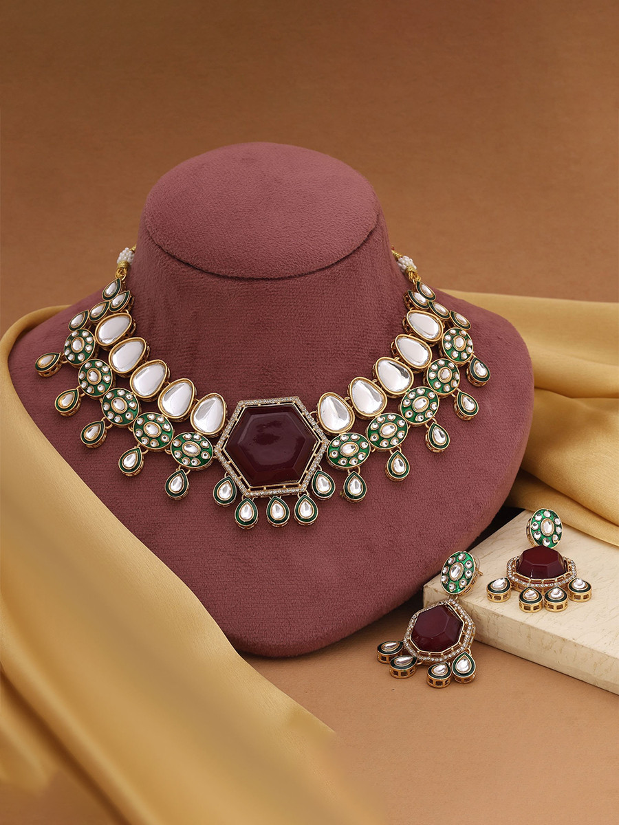Maroon Alloy Wedding Party Festival Wear Meenakari Gemstone Kundan Necklace