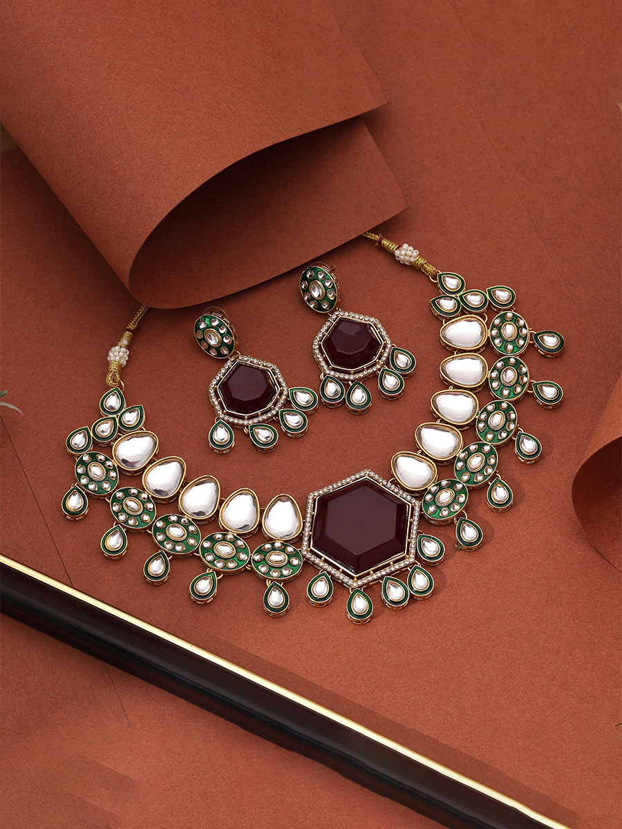 Maroon Alloy Wedding Party Festival Wear Meenakari Gemstone Kundan Necklace