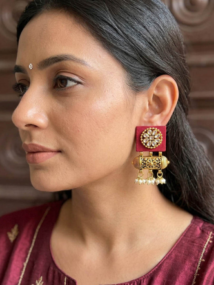Image of Maroon Alloy Wedding Party Festival Wear Pearls Kundan Earrings