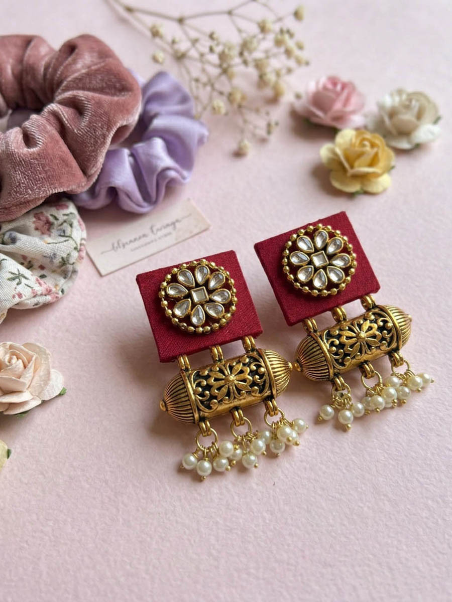 Maroon Alloy Wedding Party Festival Wear Pearls Kundan Earrings