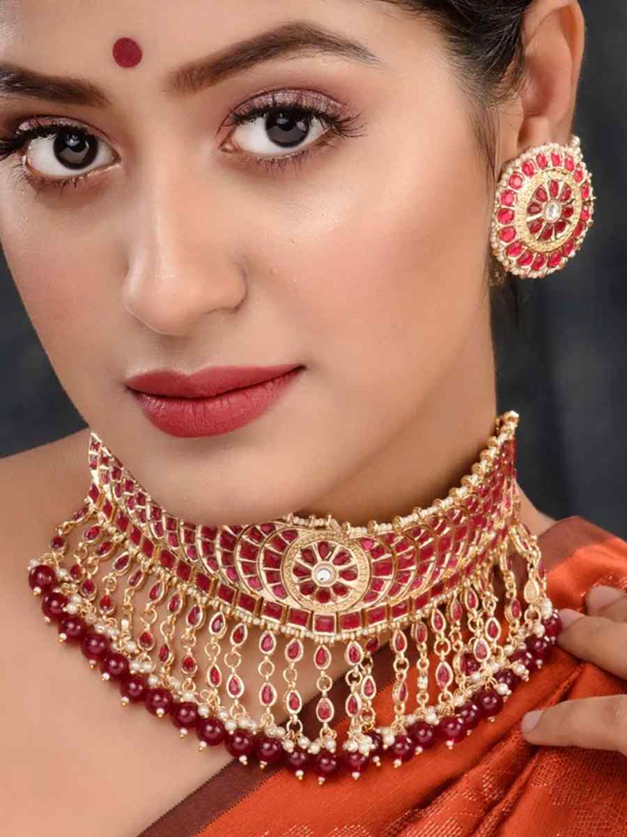 Maroon Alloy Wedding Wear Kundan Necklace
