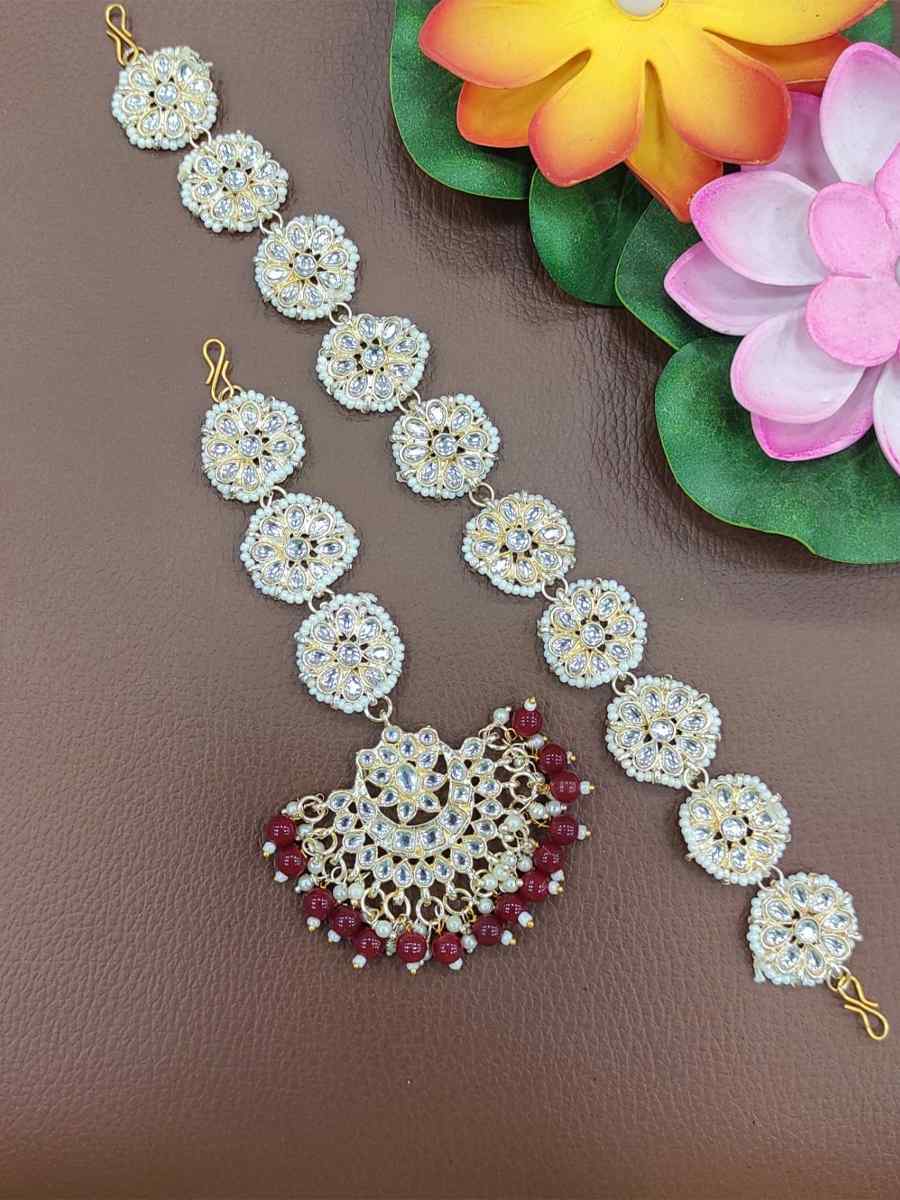 Maroon Alloy Wedding Wear Kundan Necklace