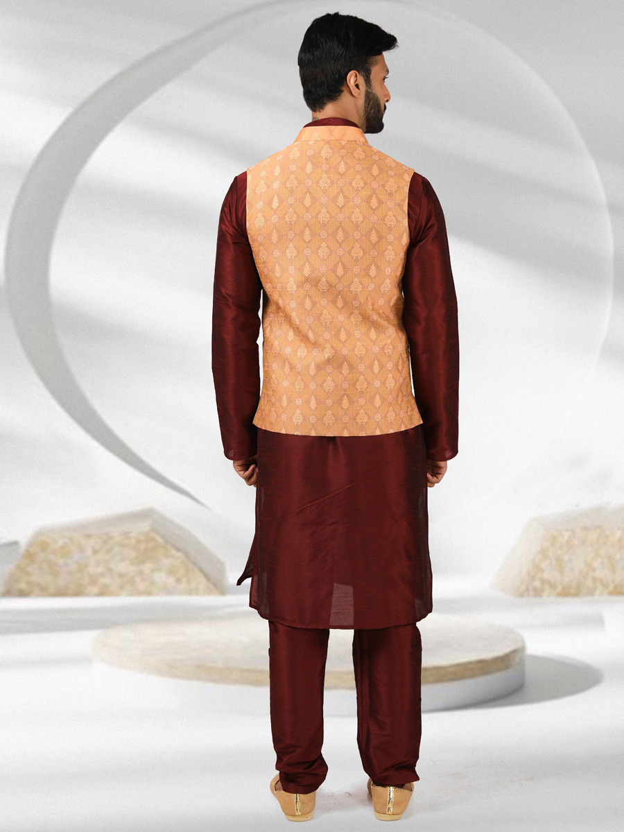 Maroon And Apricot Orange Jacquard Banarasi Silk Woven Kurta Nehru Jacket Set